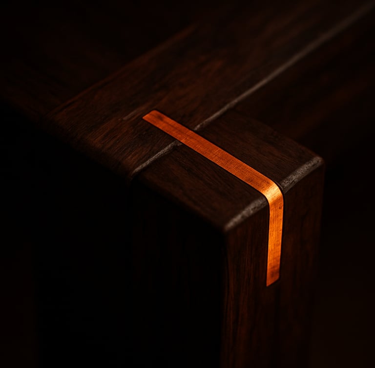Macro detail shot of a hand-carved dark walnut wood joint with integrated glowing copper inlay, warm low-key dramatic lighting, shallow depth of field, 50mm lens
