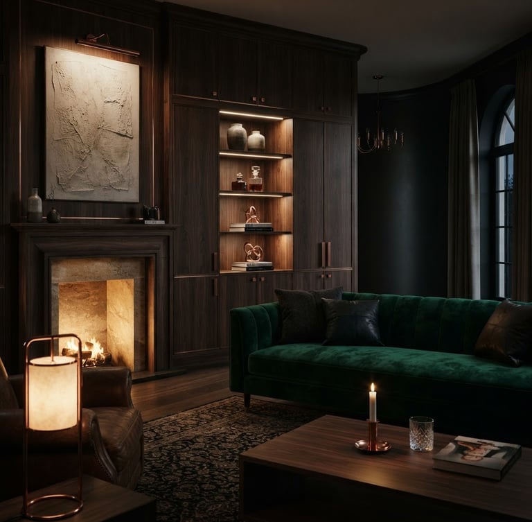 Cinematic interior photography of a luxurious, dimly lit living room with dark walnut wood panels, warm integrated lighting, and copper hardware details, 50mm lens.