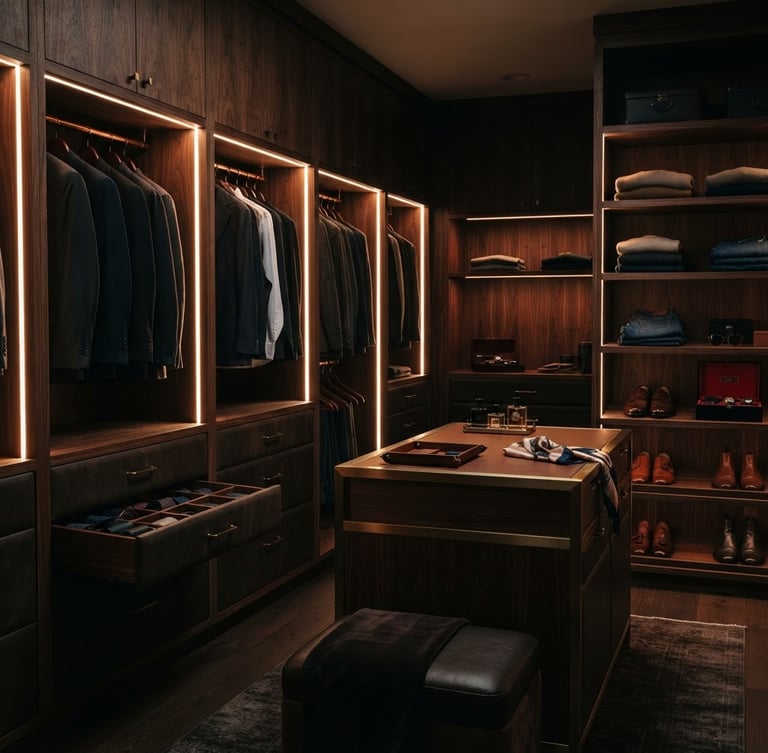 Cinematic interior photography of a luxurious walk-in closet, low-key dramatic lighting, rich dark walnut wood panels, glowing vertical copper LED strips, soft leather drawer inserts, 50mm lens