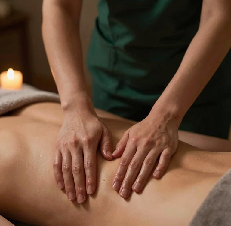 Close-up of therapeutic hands-on massage technique, soft warm candlelight, rich shadows, female therapist in professional attire working on client's back, 35mm