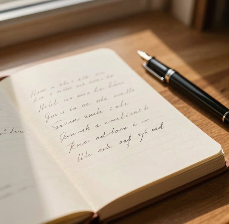 A close-up of an open notebook with elegant handwritten notes on textured cream paper, next to a fountain pen on a warm wooden desk, soft golden hour sunlight, 35mm
