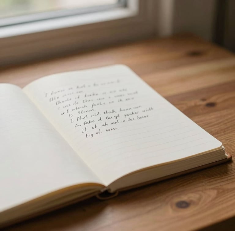A medium close-up of an open linen notebook with handwritten notes on a warm wooden desk, soft diffused window daylight, muted terracotta and cream tones, shallow depth of field, 35mm.