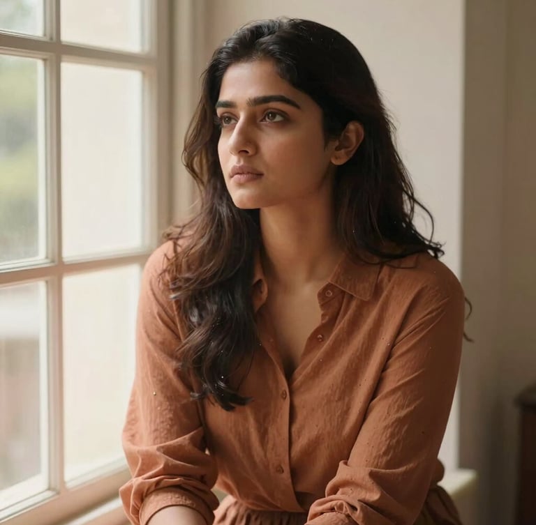 Sanjana Om in a warm, natural portrait sitting by a window, soft natural daylight, thoughtful expression, muted terracotta tones, shallow depth of field, 35mm