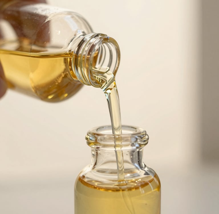 Premium close-up of thick golden attar oil pouring into a heavy crystal bottle, soft morning light, shallow depth of field, 35mm
