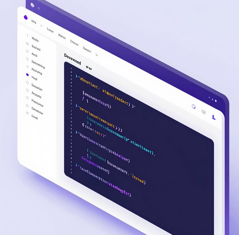 Close-up 3D render of a clean developer portfolio interface, showing code blocks syncing with a live preview, glowing purple accents