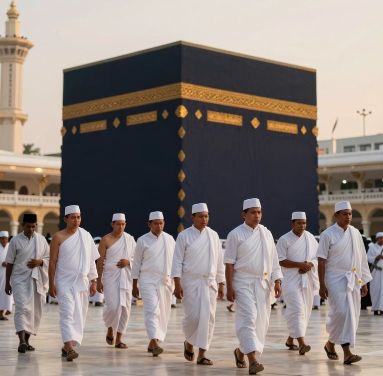 Wide environmental shot of Indonesian pilgrims in clean ihram walking peacefully near the majestic Ka'bah during warm golden hour, soft focus, professional editorial photography.