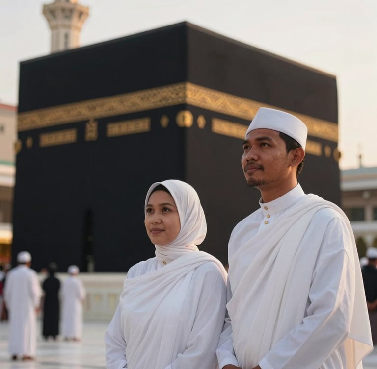 A portrait of an Indonesian pilgrim couple in elegant, clean white ihram clothing, looking towards the horizon with serene expressions of peace and devotion. Captured in the courtyard of Masjidil Haram during golden hour, soft natural light, shallow depth of field, 35mm warm editorial photography.