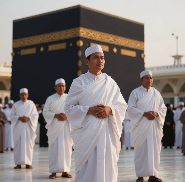 Real Indonesian pilgrims in clean ihram clothing standing near the majestic Ka'bah during a serene golden hour, warm light casting long shadows, expression of deep peace and devotion, shallow depth of field.