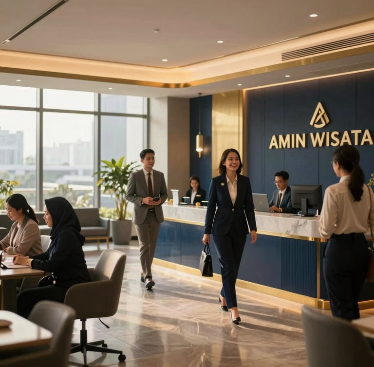 Wide environmental shot of the modern Amin Wisata corporate office interior in Jakarta, elegant navy and gold accents, professional staff in modest corporate attire welcoming with a warm smile, soft golden-hour natural light, 35mm.