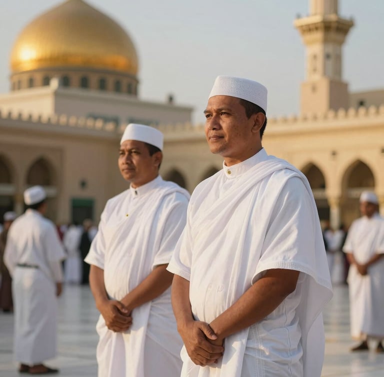 A serene medium portrait of Indonesian pilgrims in clean white ihram clothing standing near the Prophet's Mosque in Medina, warm golden hour sunlight, soft depth of field.