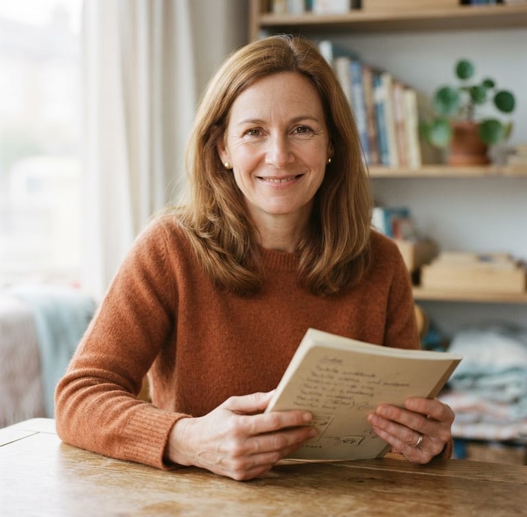 A warm, editorial portrait of Jodie, a kind-faced woman in her 40s, with soft, diffused morning daylight, a gentle smile, shallow depth of field. She is holding a simple, tactile workbook, hands in focus, against a soft, muted background of a quiet home learning corner, 35mm film look.