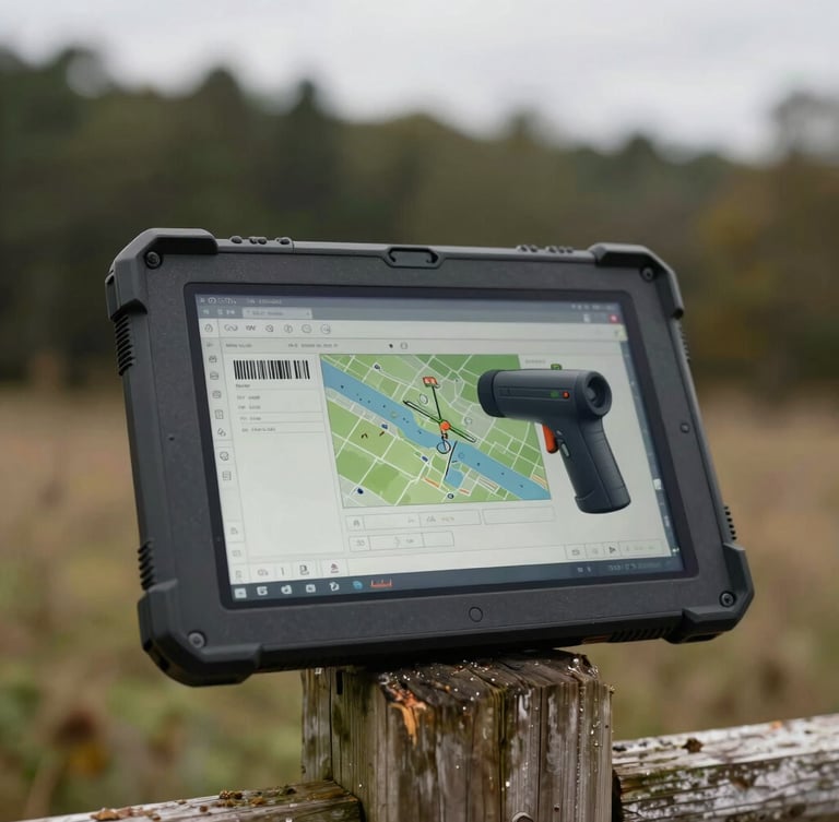 Close-up of a ruggedized tablet screen displaying a technical GIS form with barcode scanner active, resting on a wooden fence post, overcast daylight
