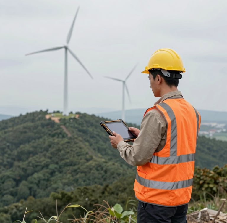 Overcast daylight shot of a field engineer in high-visibility orange vest holding a rugged tablet, standing on a wind farm ridge with turbines in background