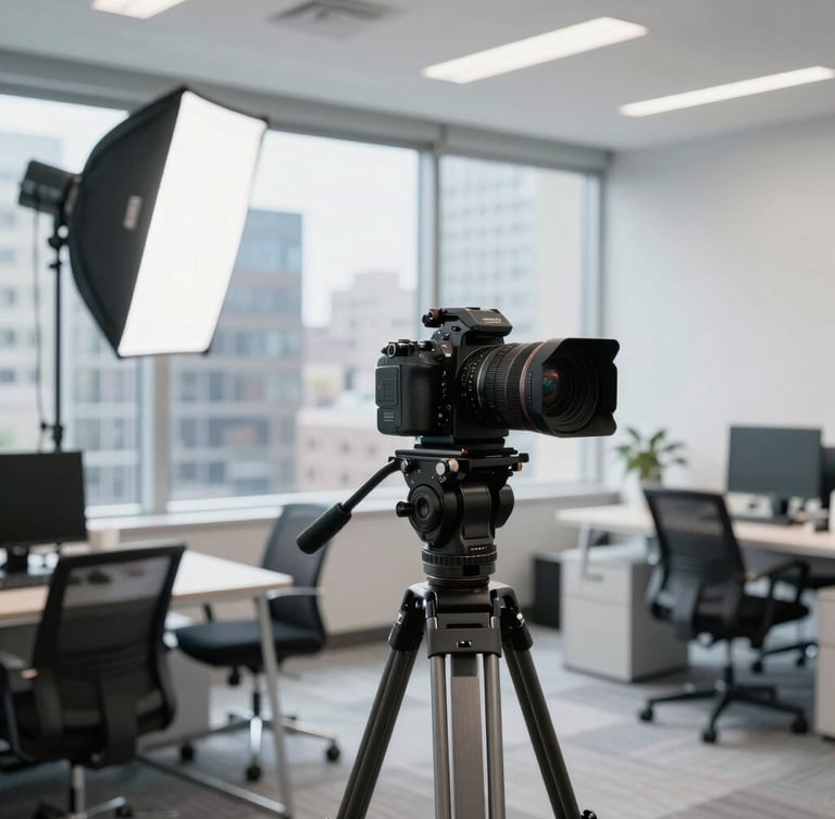 Polished behind-the-scenes content creation setup in a Toronto office, high-end camera on a tripod, studio lighting, professional and clean, 35mm