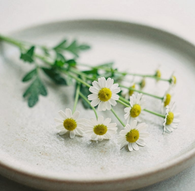Macro shot of raw chamomile flowers and green leaves on a textured ceramic plate, soft diffused overcast daylight, muted earth tones, shallow depth of field, 35mm film photography