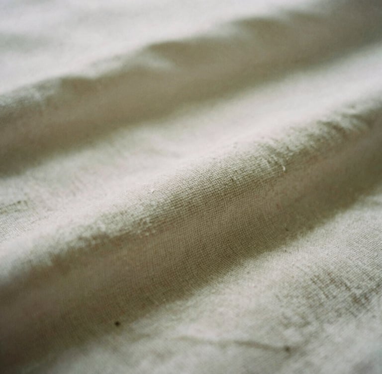 Macro film photography of soft textured cotton fabric, warm overcast daylight, muted oat tones, shallow depth of field, 35mm.