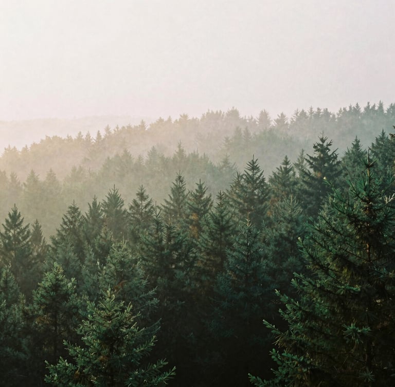 Calming film photography of soft morning fog over a quiet forest canopy, muted earth tones and deep greens, shallow depth of field, 35mm.