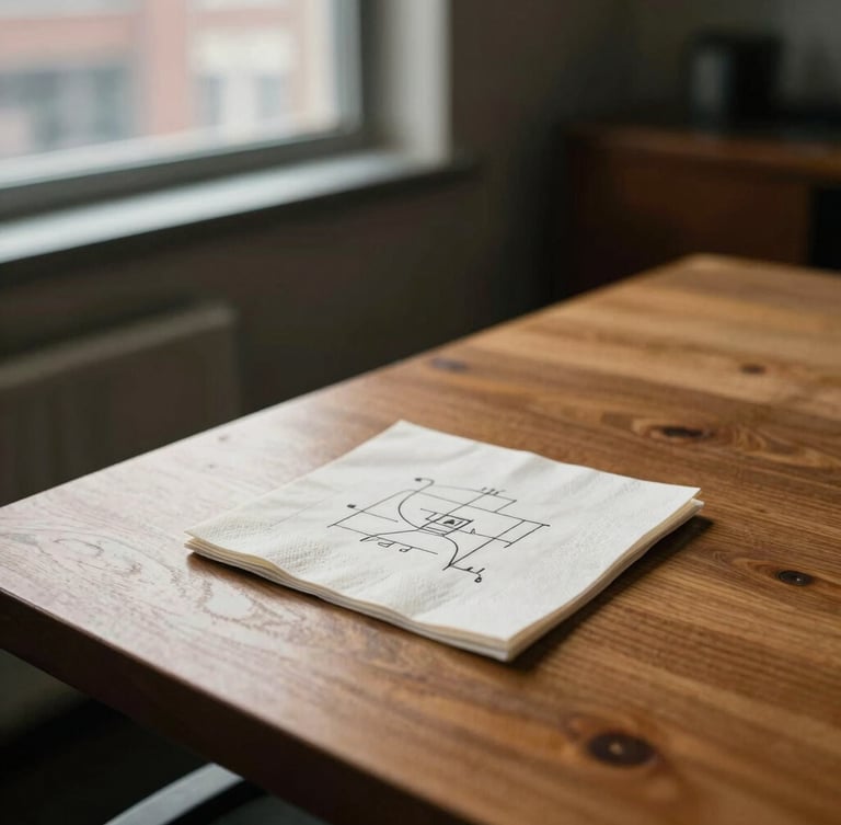 A warm, naturally lit Chicago office workspace, a wooden table with a simple paper napkin showing a hand-drawn diagram, soft window light, 35mm photography