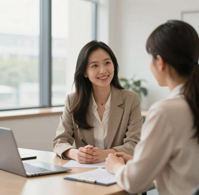 Focused professional career counseling session, warm window light, clean modern office space, professional atmosphere