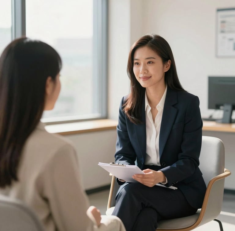 A professional career counselor sitting with a student in a bright modern office, natural window light, warm tones, professional academic setting, 35mm lens