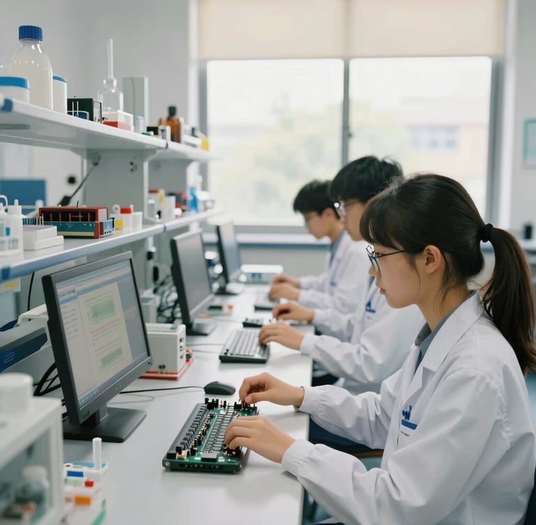 Bright educational photography of a modern high-tech laboratory, students working with digital screens and microcontrollers under soft natural window light.