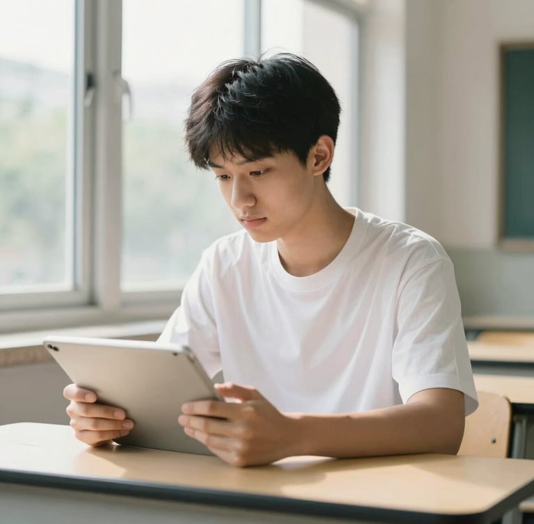 Medium shot of a focused high school student studying with a tablet near a bright window, natural daylight, professional academic setting, soft warm tones, 35mm lens
