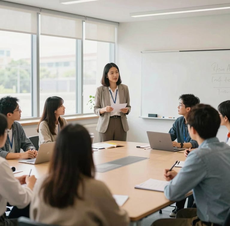 A collaborative teacher workshop in a bright modern seminar room, natural daylight from large windows, focused educators discussing curriculum design, professional atmosphere, 35mm lens