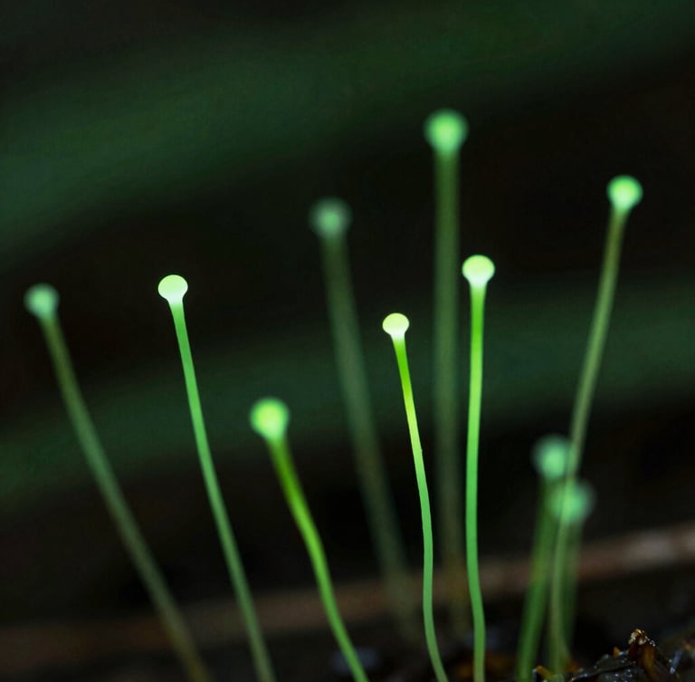 Macro photograph of mycelium threads glowing faintly under low-key natural forest light, deep emerald tones, shallow depth of field, 35mm