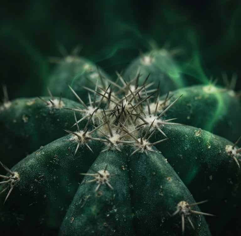 Extreme macro botanical photography of a sacred cactus structure, dramatic natural lighting, deep forest green background with subtle ultraviolet color leaks, 35mm lens, shallow depth of field