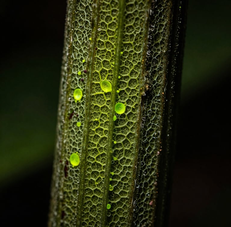 Macro photography of an entheogenic plant stem showing intricate cellular patterns, dramatic natural light with subtle neon green highlights, shallow depth of field, 35mm