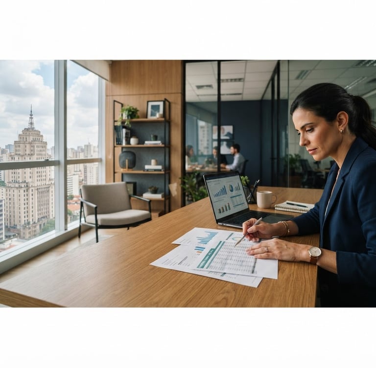 Modern, organized office workspace in São Paulo with soft natural daylight, hands reviewing financial documents on a desk, muted navy and warm wood tones, professional 35mm, wide panoramic 21:9 frame, subject off-center to the right, generous negative space on the left.