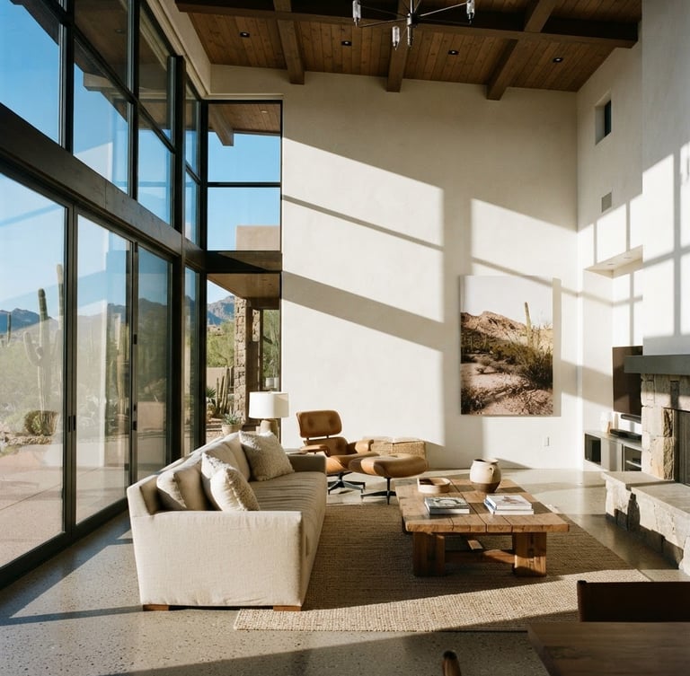 Warm architectural photography of a high-ceilinged desert modern estate living room, crisp sunlight casting sharp geometric shadows on pristine off-white walls, 35mm editorial style