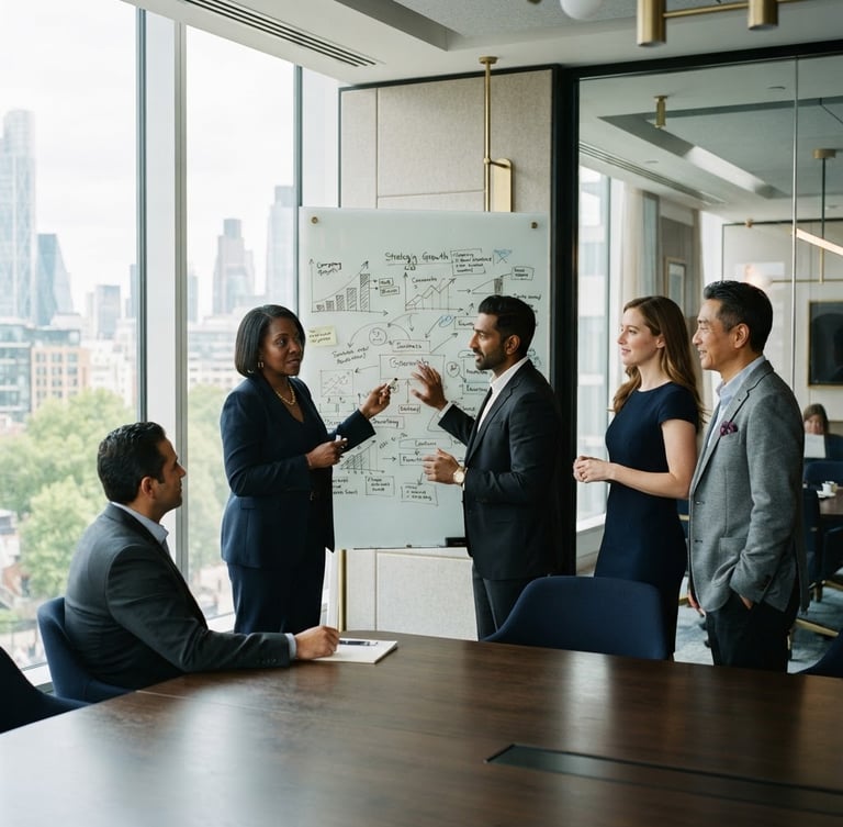 A professional, diverse leadership team in an architectural, sunlit boardroom, discussing strategy over a physical whiteboard, natural window light, deep navy and subtle gold tones, sharp focus, 35mm