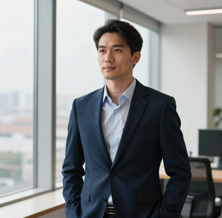 A candid environmental portrait of a confident executive reflecting in a modern, sunlit office space, clean lines, natural window light, deep navy accents, sharp focus, 35mm