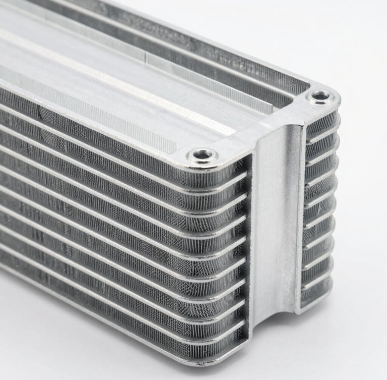 sharp industrial product photography, bright high-key studio lighting, close-up of aluminum condenser fins, clean metallic textures, 50mm lens