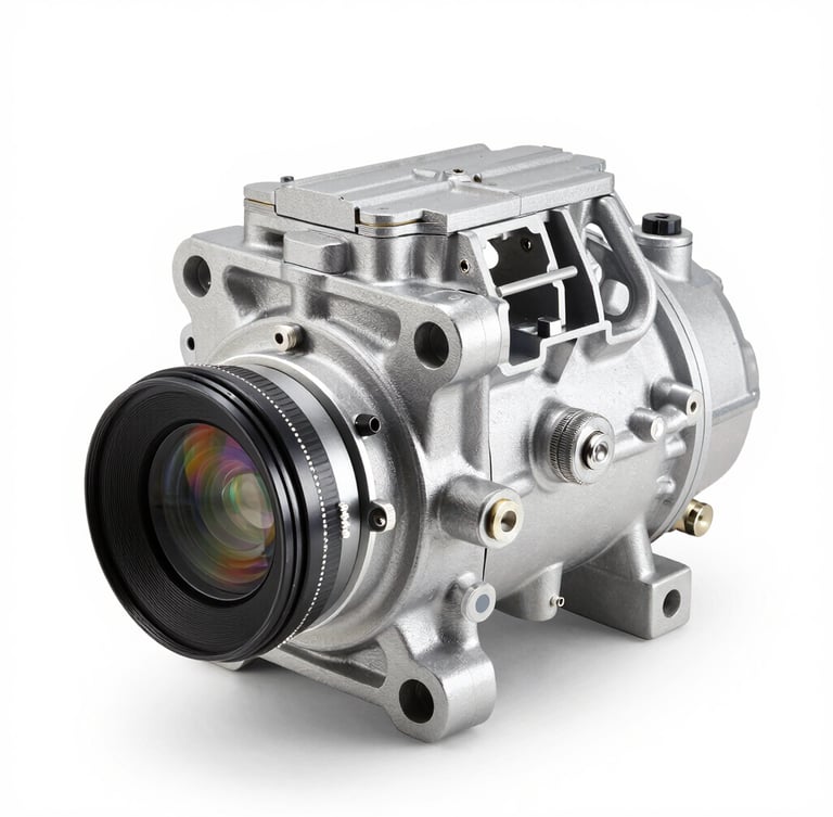 Sharp industrial product photography of an automotive AC compressor assembly line, bright high-key studio lighting, cool metallic tones, crisp details, 50mm lens