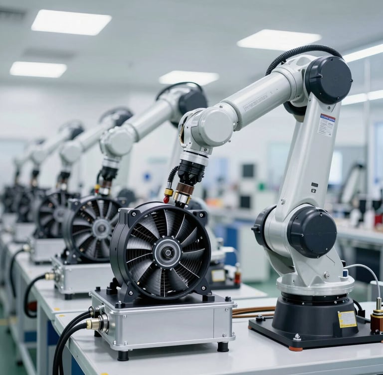 Sharp industrial product photography of a clean factory assembly line with robotic arms assembling automotive cooling fans, cool metallic tones, high-key lighting.
