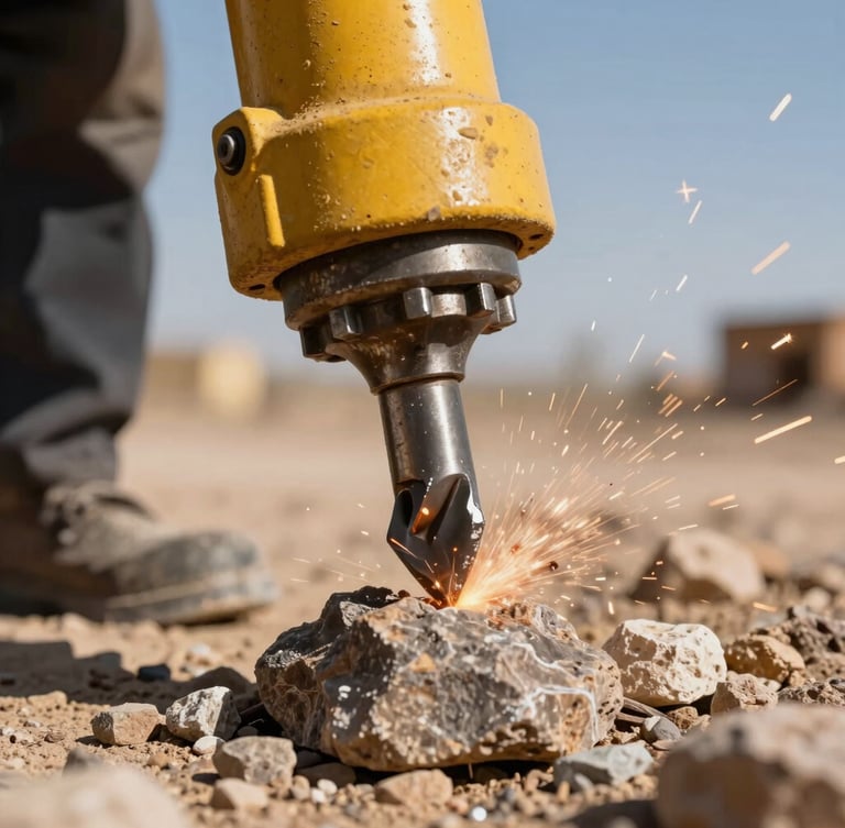 Close-up macro shot of a heavy-duty steel hydraulic breaker chisel striking rock, sparks flying, intense sunlight, industrial yellow and charcoal tones