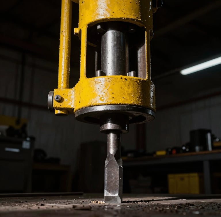 Close-up of a heavy-duty steel chisel and piston mechanism of a hydraulic breaker inside a dark, dramatic workshop with strong yellow lighting highlights, industrial photography.