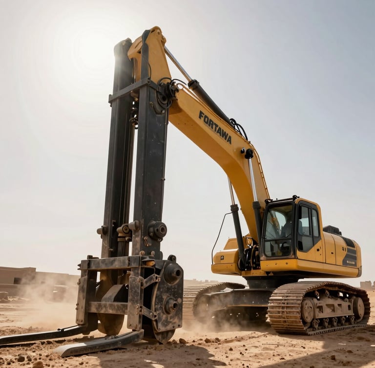 Low-angle heroic shot of a heavy excavator operating a matte black FORKAWA hydraulic breaker on a dusty Saudi construction site, harsh desert sunlight, dust particles in the air, industrial yellow accents, 35mm.