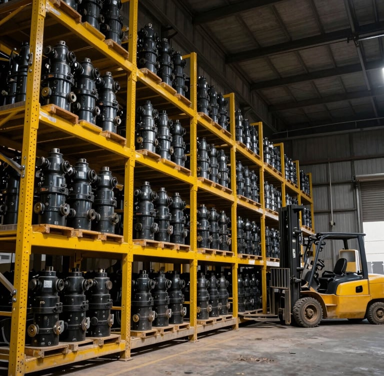 Wide shot of an organized heavy-duty industrial warehouse in Saudi Arabia, towering racks filled with yellow and black metal machinery parts, forklift in the background, high-contrast lighting