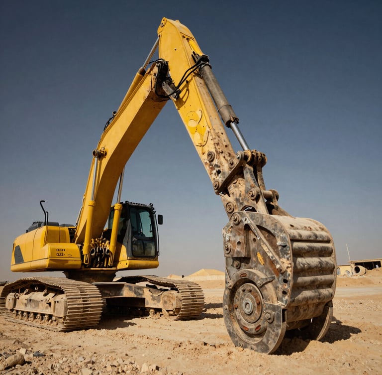 Low-angle heroic shot of a massive hydraulic breaker attached to a heavy excavator on a dusty Saudi construction site, harsh desert sunlight, high-contrast yellow highlights, 35mm.