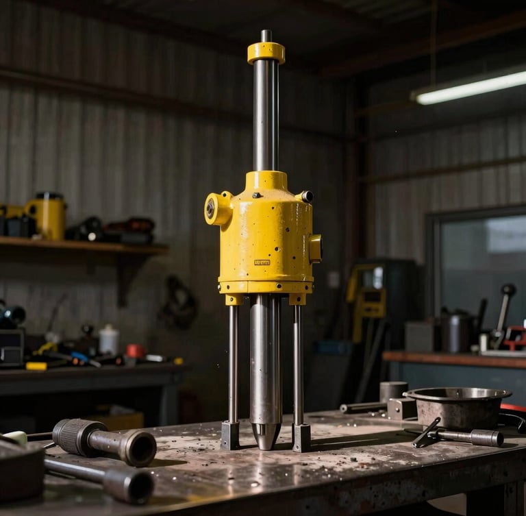 Interior of a heavy machinery workshop, a disassembled hydraulic breaker piston on a steel workbench, dramatic low-key workshop lighting with strong yellow accent highlights, industrial tools, 35mm
