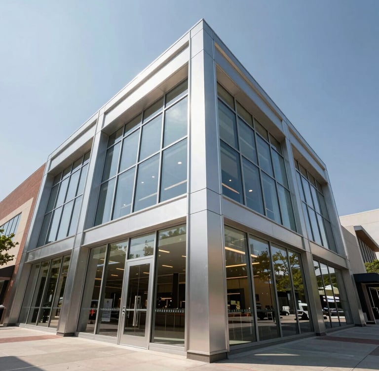 Low-angle wide shot of a newly installed aluminum storefront glass facade in a Houston plaza under bright Texas daylight.