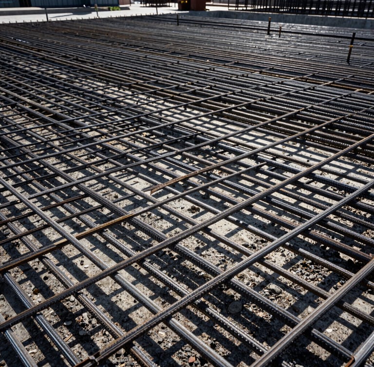 Low-angle heroic shot of a massive structural steel rebar grid laid out for a heavy concrete pour, sharp direct sunlight casting strong geometric shadows