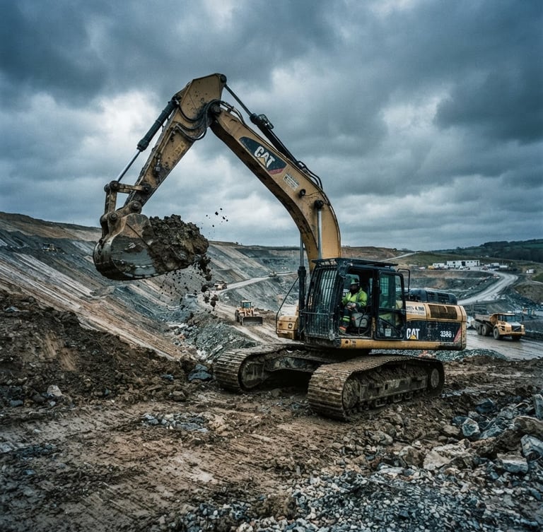 Low-angle heroic shot of heavy earth-moving machinery on a graded civil construction site under overcast dramatic daylight, cool desaturated tones, high contrast
