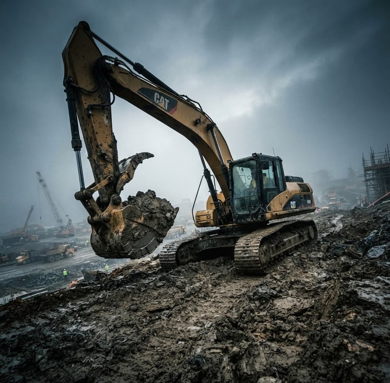Low-angle heroic shot of a heavy earth-moving excavator on a muddy civil construction site, dramatic morning mist, high-contrast cool desaturated tones, 35mm film style.