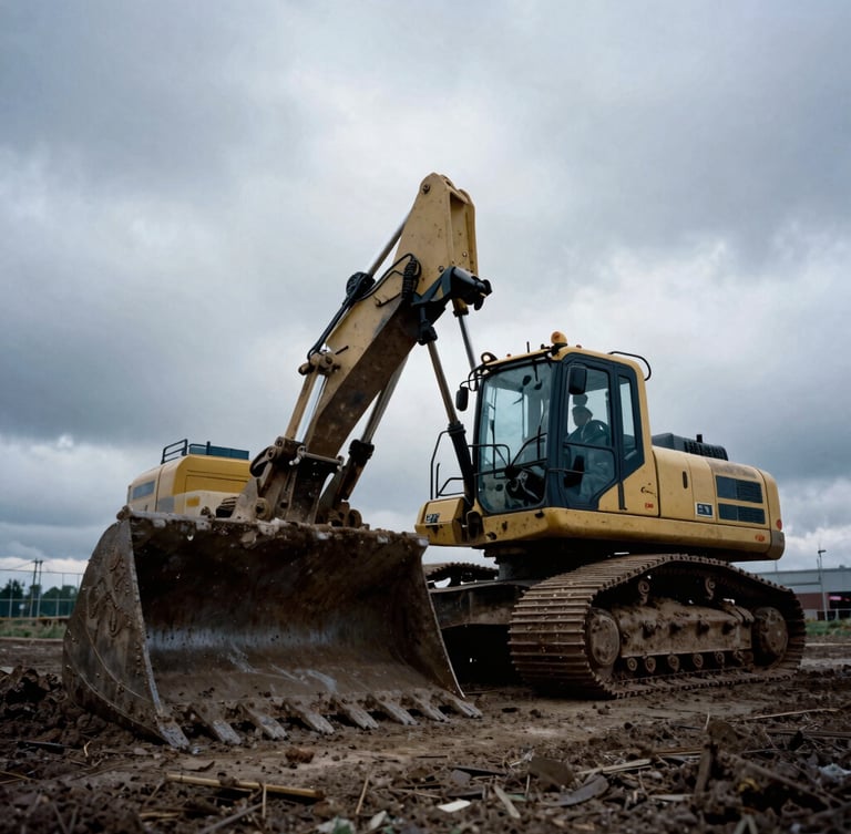 Low-angle heroic shot of heavy earth-moving machinery digging in dramatic overcast daylight, high-contrast cool tones, 35mm film style.