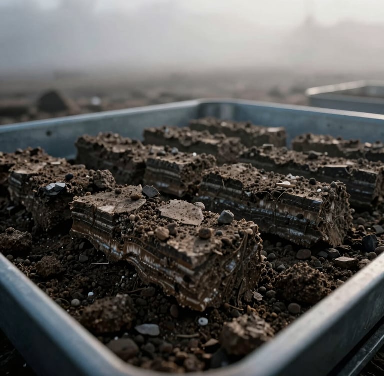 Extreme close-up of raw soil strata core sample in a metal tray on-site, dramatic morning mist, cool desaturated tones, 35mm film style