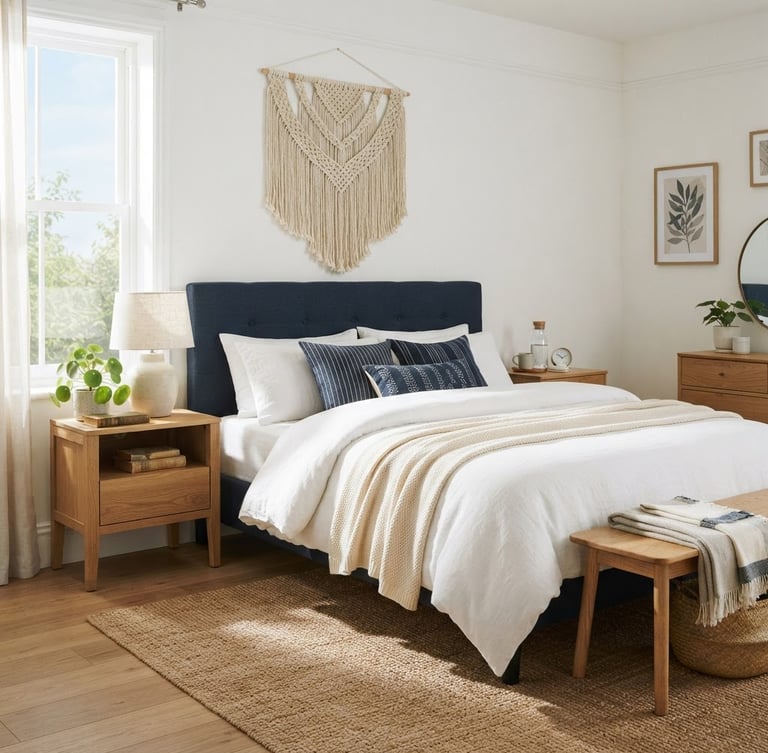 Bright editorial interior photography of a fully styled navy blue and oak bedroom set in a sunlit room, soft morning light, 35mm